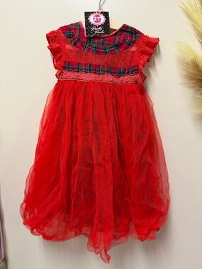 Girls' Red Tulle Plaid-Trim Party Dress - 2T